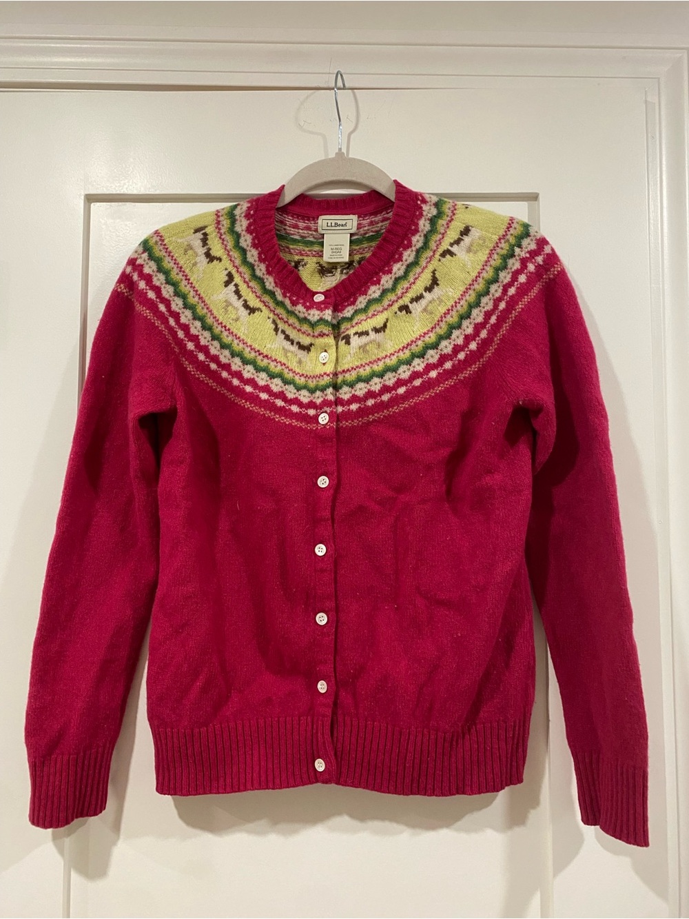 L.L. Bean Hot Pink Fair Isle Button-Up 100% Lambswool Cardigan